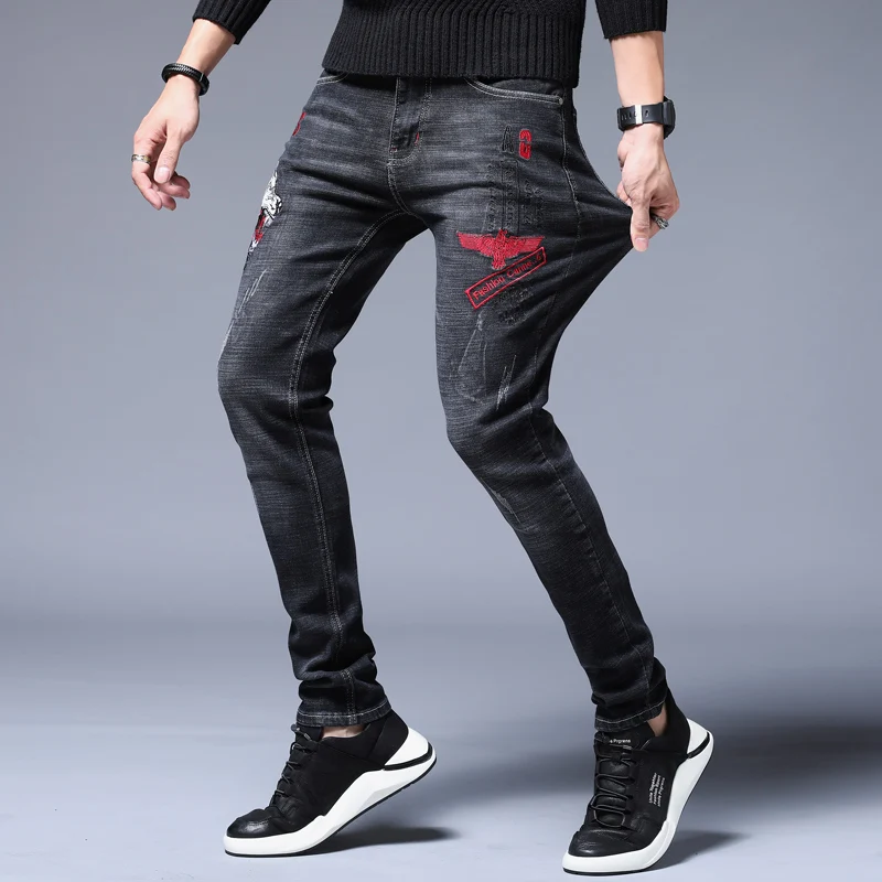 

2019 Straight Stretchy Ripped jeans men new black 3d embroidery denim Scratched High Quality Jean male plus size 29-38 trousers