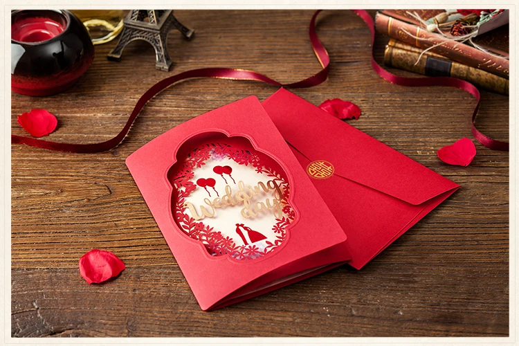 

New Release ! High Quality Wedding Invitation Cards 185*125mm Red With Gold Bronzing Pattern Printing Free