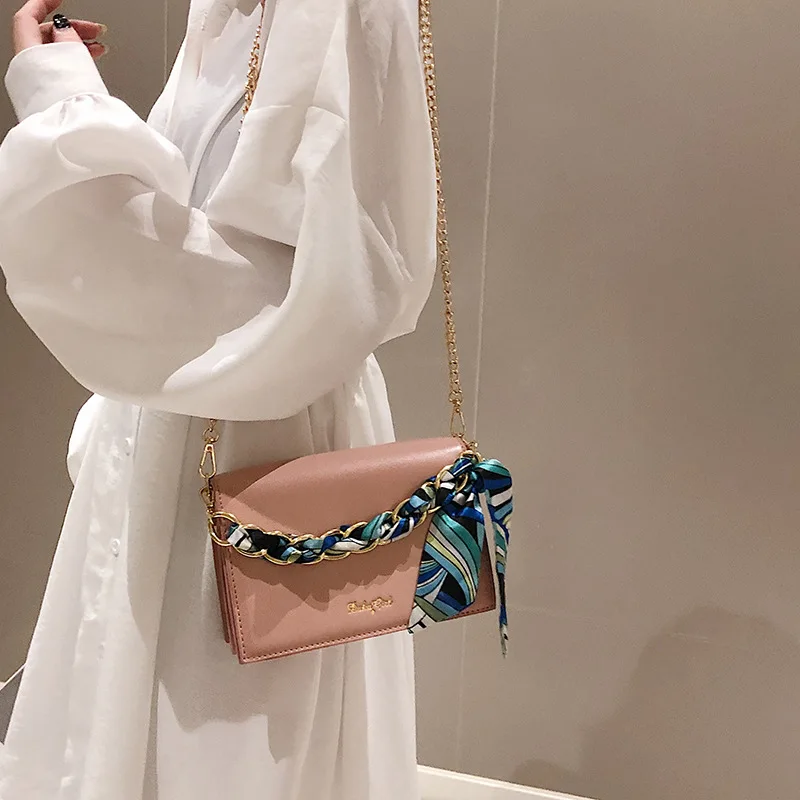 

Scarf Chain Strap Shoulder Bag Fashion Women Messenger Bags Solid Color Portable Small Flap Bags Banquet Purses And Handbags