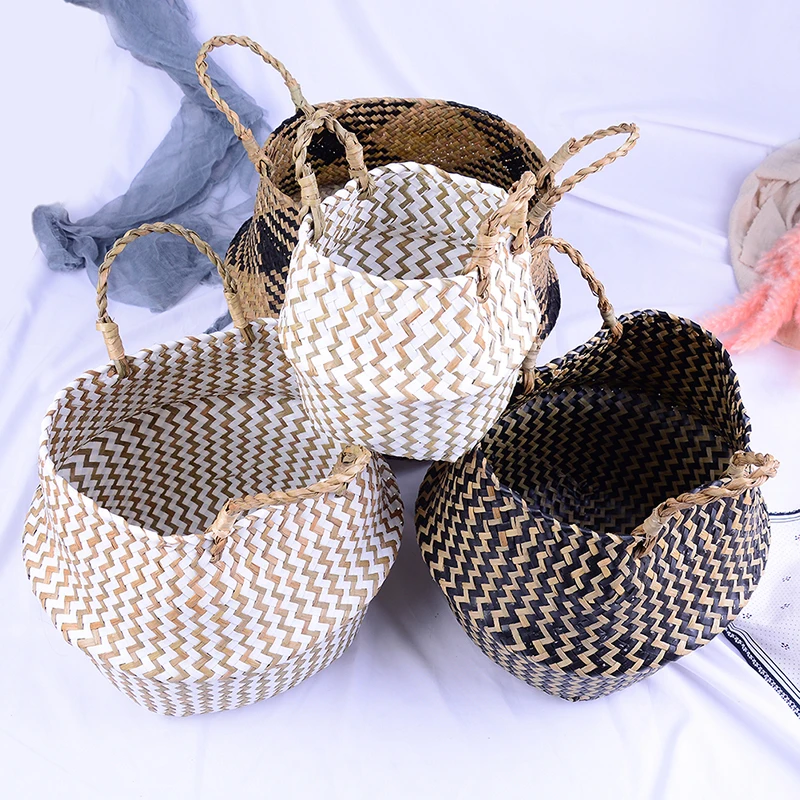 

Handmade Natural cane Storage Basket Laundry Basket Folding Wicker Rattan Seagrass Belly Straw Garden Flower Pot Planter