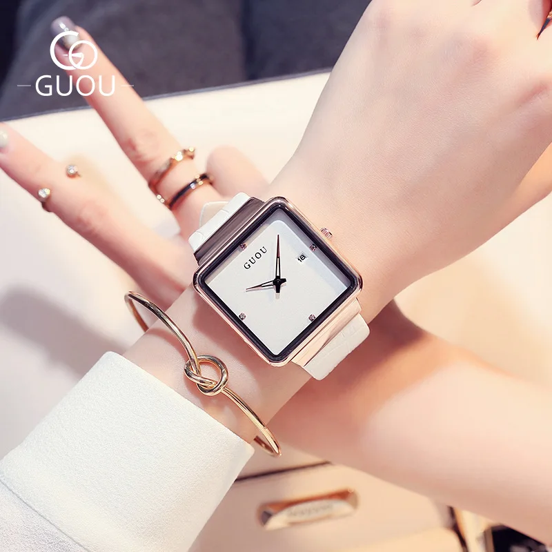 

GUOU Luxury Simple Square Women Quartz Watches Female Genuine Leather Ladies Elegant Watch Clock Montre Femme Relogio Feminino