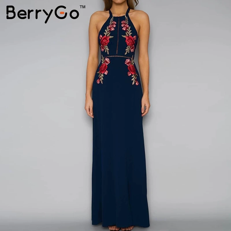 BerryGo Embroidery halter backless long dress women Sexy high split long dress 2017 Party christmas black vintage dress femme BerryGo Embroidery halter backless long dress women Sexy high split long dress 2017 Party christmas black vintage dress femme