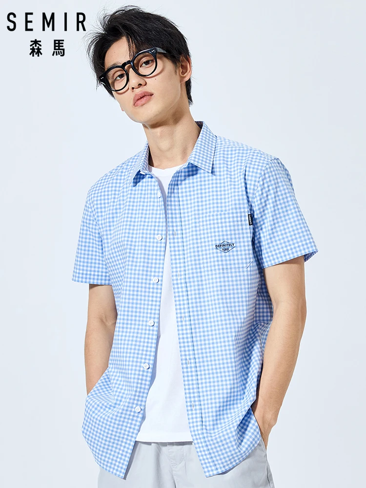 SEMIR, летняя новая мужская рубашка с коротким рукавом, Корейская версия, хлопковая Ретро рубашка в клетку для студентов, японская рубашка