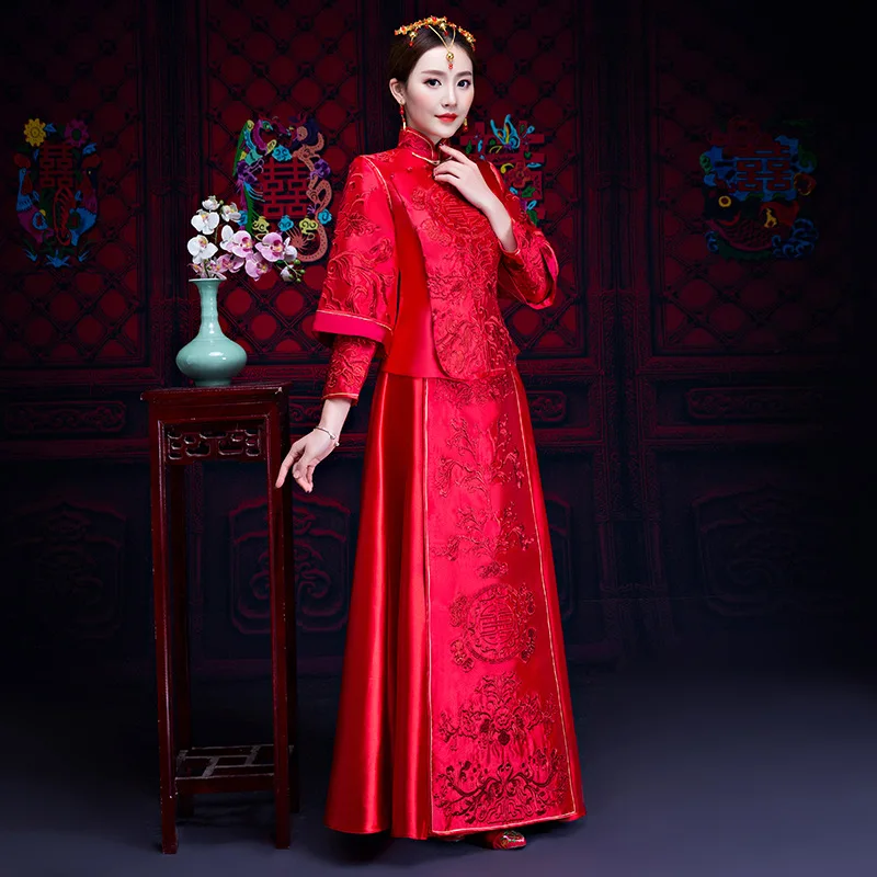 Древнее классическое женское платье Ципао Vestidos китайская Невеста Красное Длинное вышитое платье-чанпао азиатское женское свадебное, бальное платье размер s m l