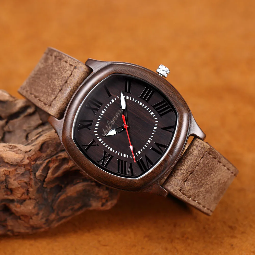 

Leather Quartz Stylish Square Watch Mens Creative Handmade Wooden Wristwatch Stylish Wood Male Watches relogio masculino