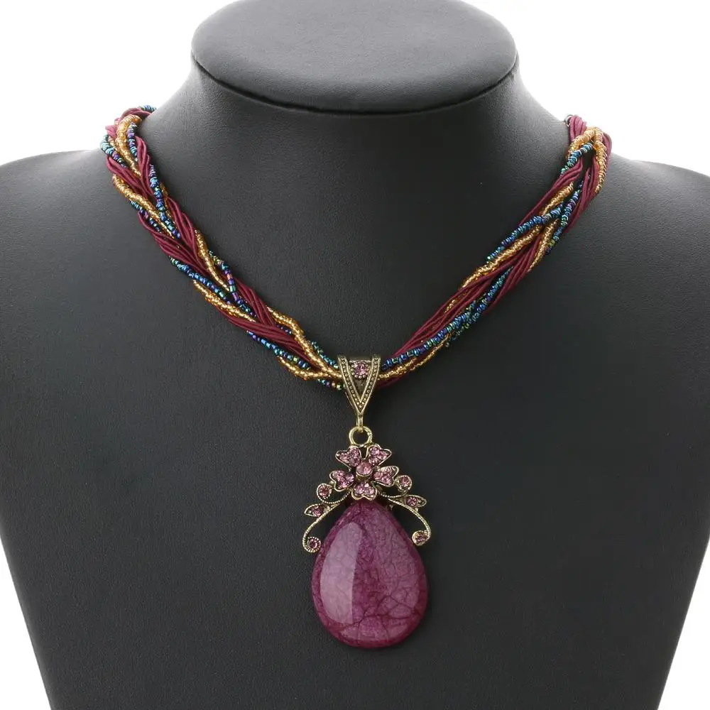 Ethnic Jewelry Bohemian Colorful Women Beads Natural Stone Water Gem Pendant Necklace With Multilayer Chain Turkish Jewelry
