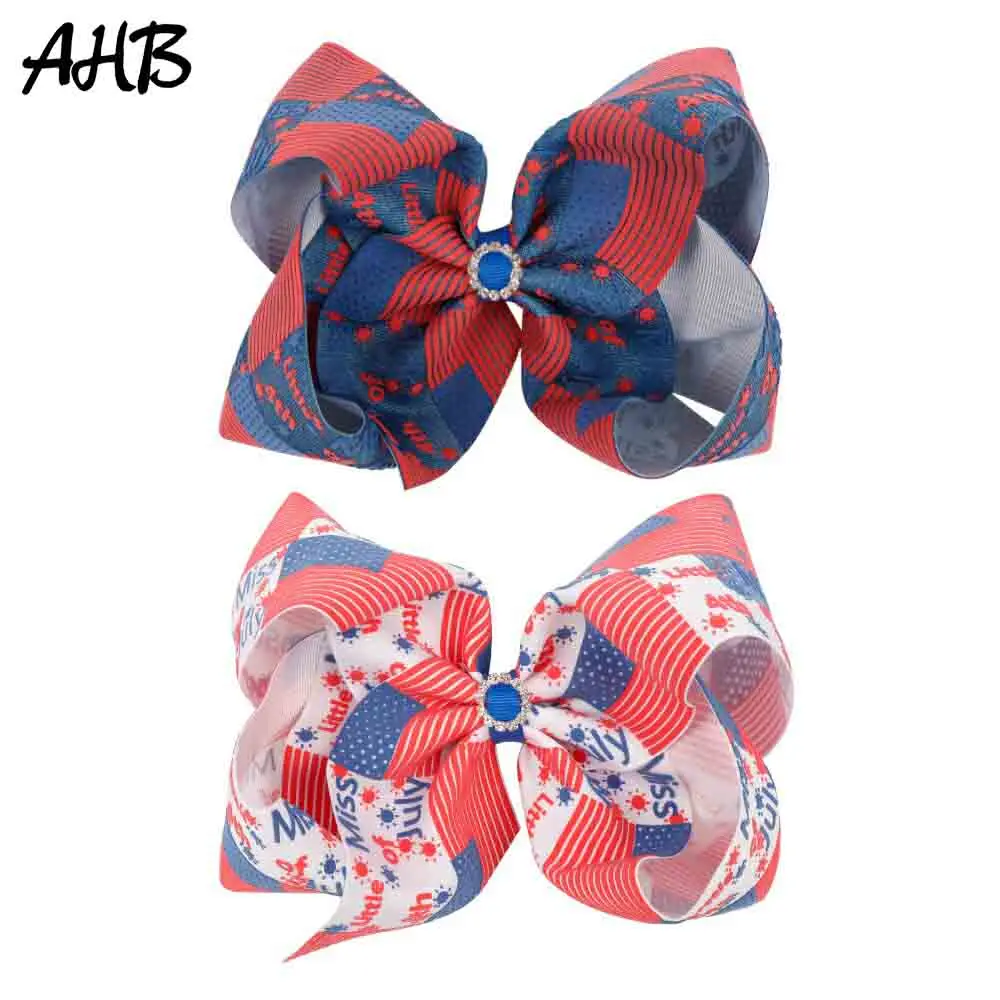

AHB 4th of July USA Flag Print 7" Hair Bows Clips for Girls Hair Ribbons Rhinestones Independence Day Hairgrips Hair Accessories