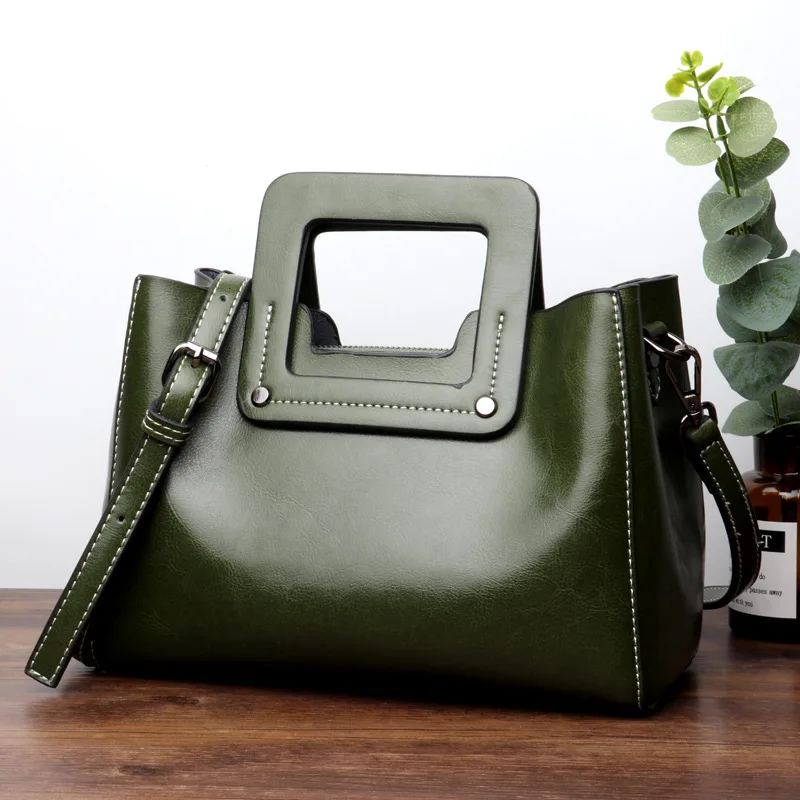 Women's new leather fashion handbag Europe and American style oil wax leather cross section square Messenger shoulder bag