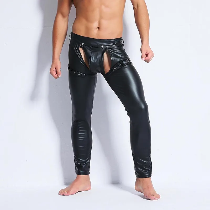 AIIOU пикантные для мужчин забавные узкие искусственная кожа Открытый спереди брюки для девочек Wetlook черный кальсоны женщин ночной клуб