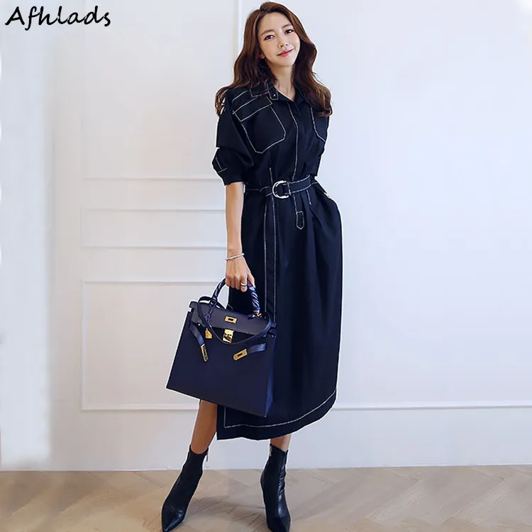 

Autumn And Summer Women 2019 New Fashion Turn-Down Collar Single-Breasted Vintage Patchwork Elegant Split Office Lady Long Dress