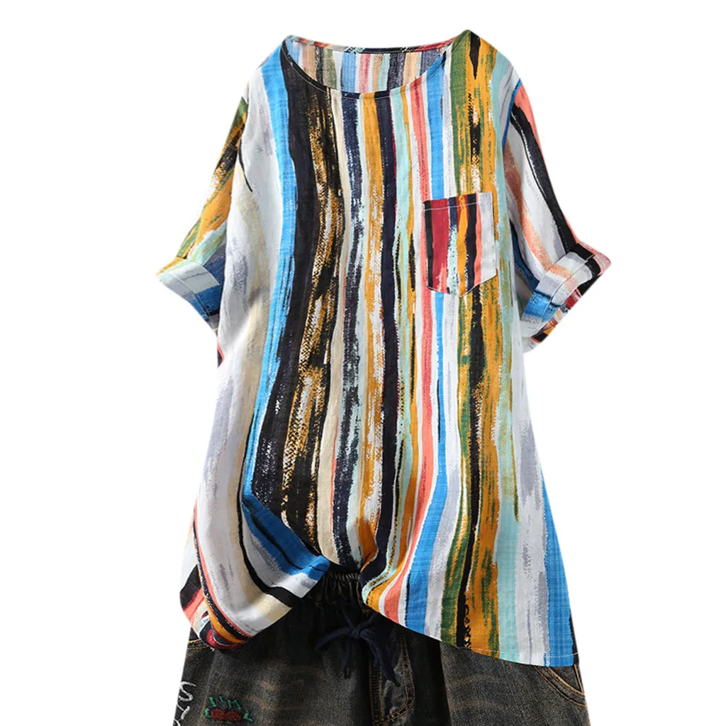 Цвет: желтый Boho/блузка с коротким рукавом; большие размеры; женская летняя рубашка с принтом в радужную полоску с граффити; Повседневная льняная блузка с круглым вырезом; топы с карманами - Цвет: Цвет: желтый