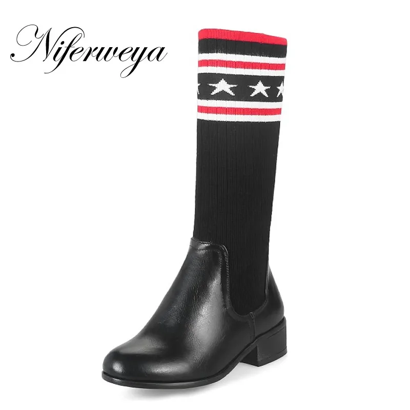 

New fashion Knitted Autumn/Winter women shoes big size 32-48 Round Toe low heel botas Slip-On Elastic Over-the-Knee Boots