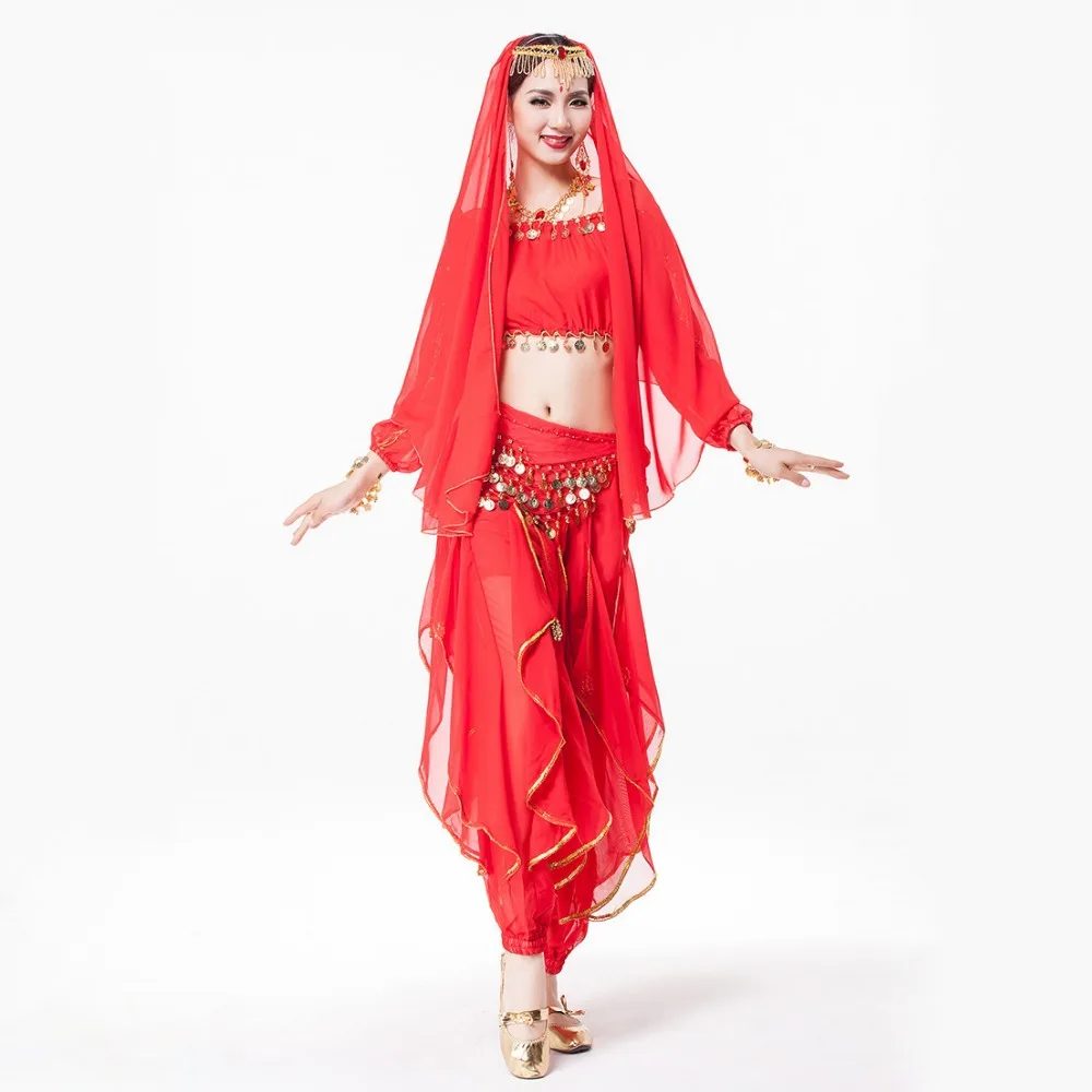 Оптовая продажа женская Одежда для танцев 4 частей костюм комплект головной убор со стразами, короткий топ, ремень и штаны индийский танец