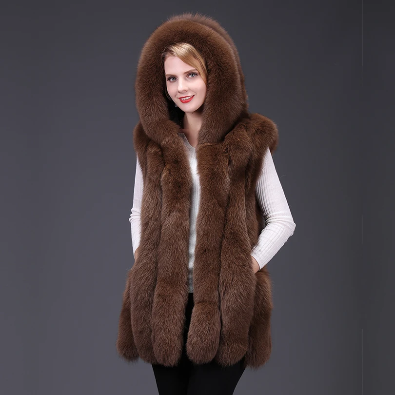 2020 New Real Fox Fur Women Vest Hood Cap Leather Fashion Luxury Thick