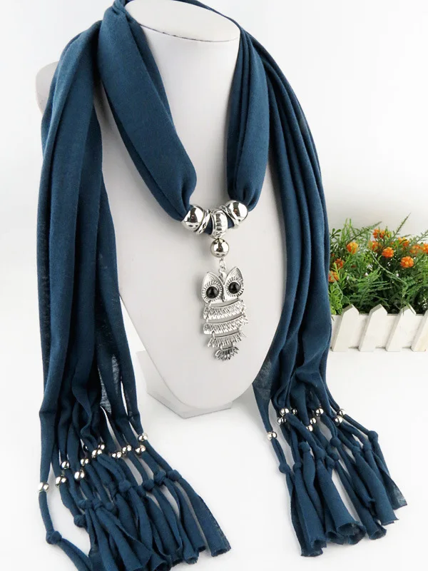 Шарф с совами ожерелье кулон для женщин кисточкой шарф бахрома длинный кулон шарф ювелирные изделия подарок модные аксессуары - Окраска металла: navy