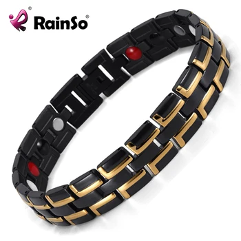 

Good Sale Fashion Rainso Brand 3 Health Care Elements Stainless Steel Classic Black&Gold Magnetic Bracelet For Men OSB-086-01BG