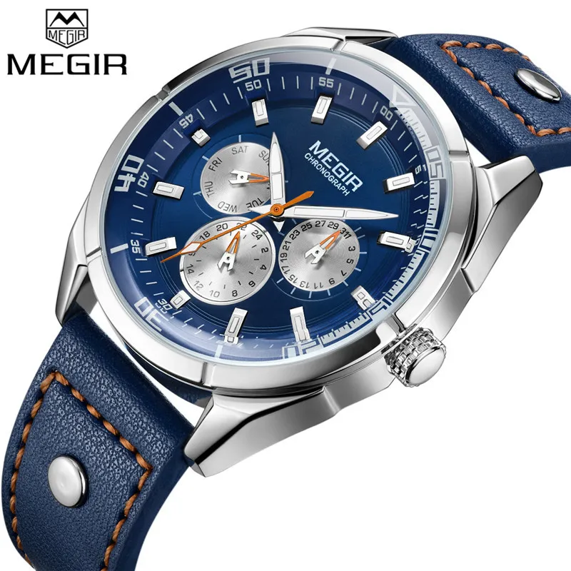 

MEGIR Men Watch Top Luxury Brand Calendar Week Mens Watches Military Sport Army Leather Strap Classic Quartz Male Clock Box 2072