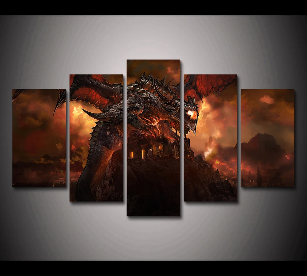 HD печать 5 шт Deathwing Dragon Fire Sky World of Warcraft постер холст картина детский Декор Холст