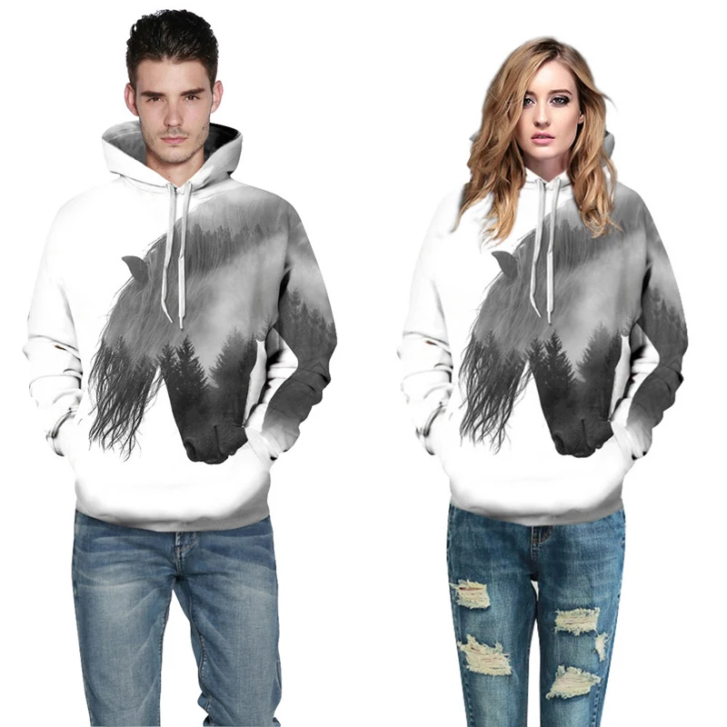 Unisex Pullover Tracksuit Mens Hoodies 3D Print Forest Tree Swift Horse Casual Tops With Cap White Hooded Sweatshirt Men/Women