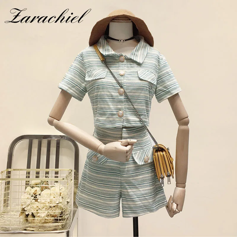 

Small Fragrance Striped Two Piece Set 2019 Summer Women Short Sleeve Single-Breasted Pearls Tweed Crop Top+Pocket Trim Short Set