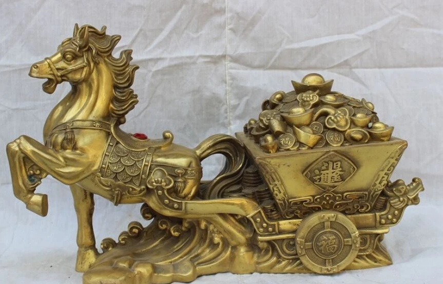 

16" Chinese Brass Folk Year Zodiac Running Horse Carry Wealth Treasure Statue