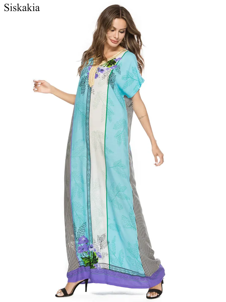 Siskakia Stripe Print Maxi Long Dress Women Elegant Loose Bohemia Style Female Long Dresses Light Blue V Neck Short Sleeve New (4)