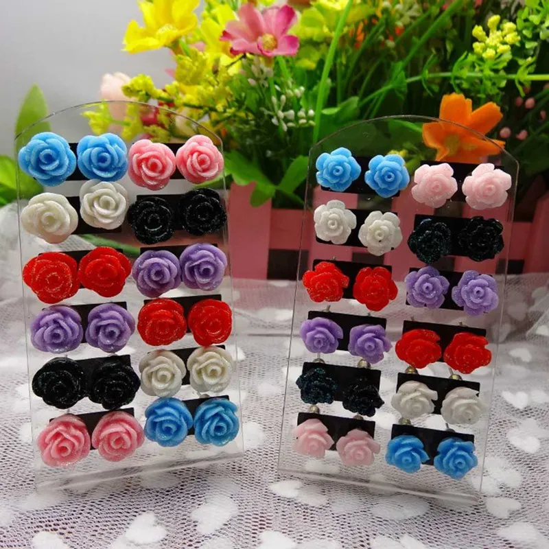 

New 12 Pair Earring Pack Jewelry Mixed Lots Resin Rose Flower Stud Earrings Fluorescent Colors Of Roses Earrings For Women Gift