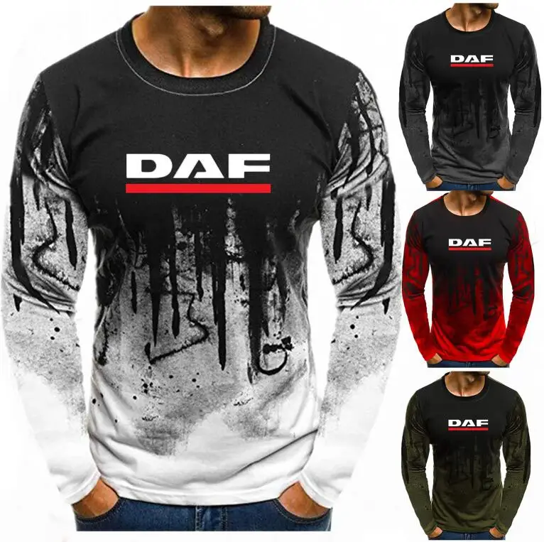 

Men tshirt DAF Print Simple Gradient Color Long-Sleeve T-Shirt Chic Slim Round Neck Tops splash-ink Printed TEES Autumn