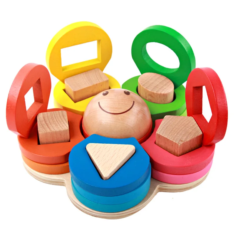 Logwood colorful flower building blocks Geometric shape wooden toys Education Montessori Baby kids Cognition toy Unisex baby-building-blocks-wooden