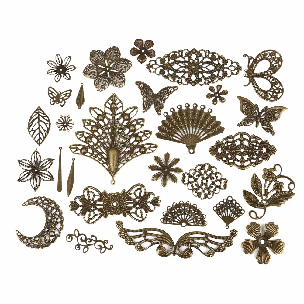 

Metal Iron 10Pcs/Lot Gold Bronze Rhodium Connector Earring Accessories Retro Pattern Hollow Pendent DIY jewelry hairpins sticks