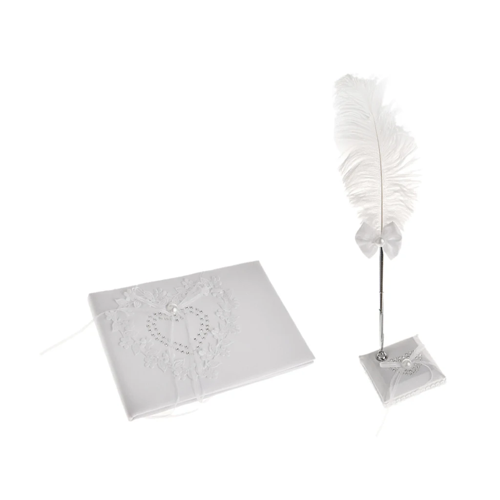 Guest Book Pen Wedding Heart White Reception Guest Book Feather Bowknot Pen and Stand Set Party Supplies