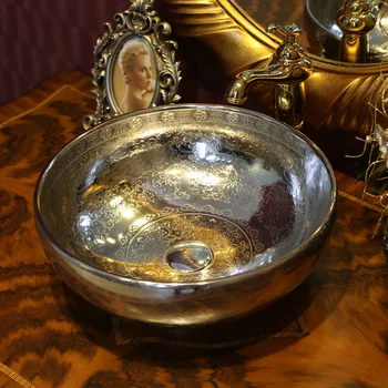 

Ceramic Counter Top Wash Basin Cloakroom Hand Painted silver ceramic Wash Basin Bathroom Sink