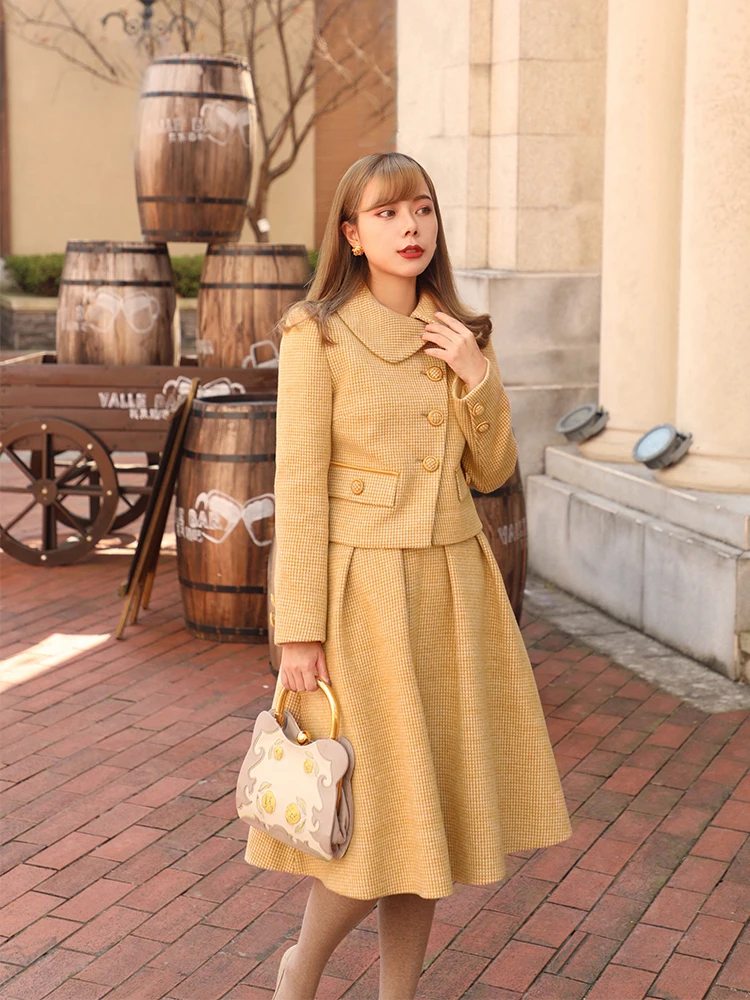 

LYNETTE'S CHINOISERIE Summer Autumn Original Design Women Slim High Waist Vintage England Plaid Buttons Skirts