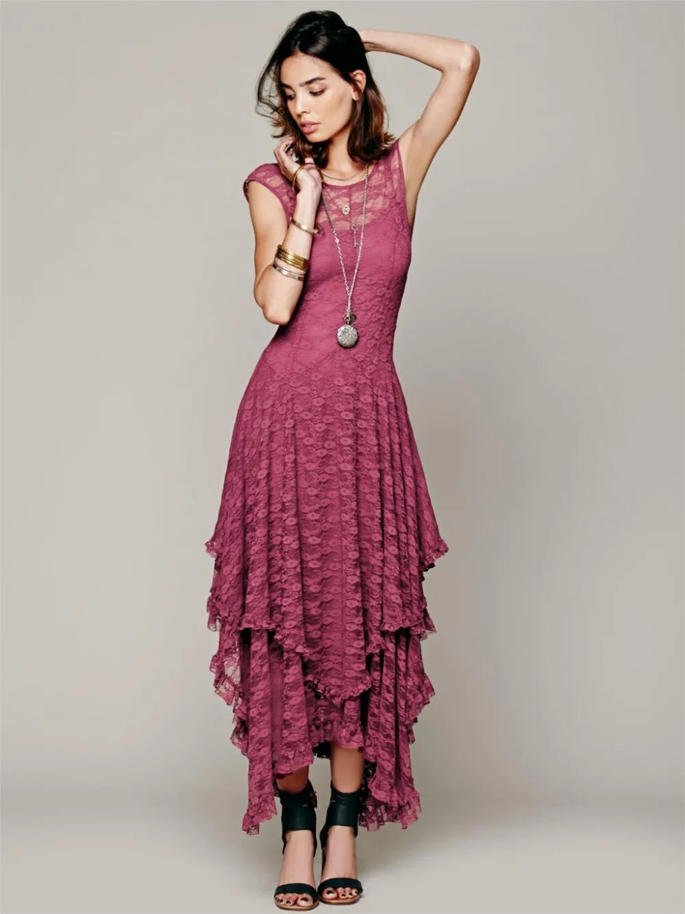 Buy Summer hippie Asymmetrical embroidery Sheer lace slip maxi dress double