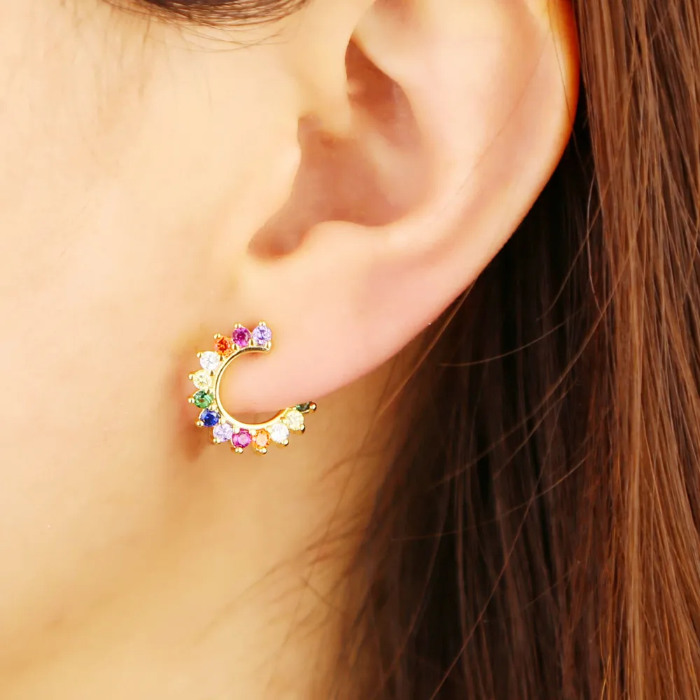 

wholesale New arrived sun flower hoop earrings for girls teen ladies paved rainbow cz gold filled lovely engagement jewelry