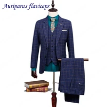 Последний дизайн пальто брюки синие костюмы для мужчин Slim Fit Жених Смокинги на заказ Свадебный костюм Две кнопки(куртка+ брюки+ жилет