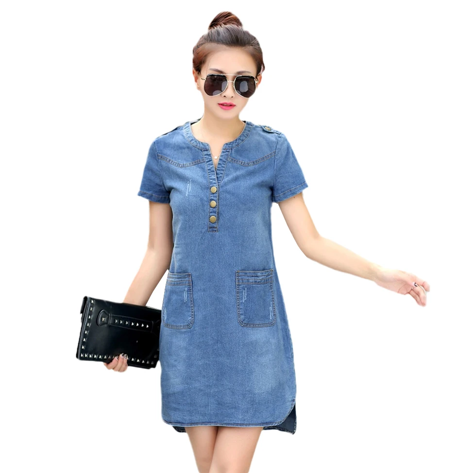 

2019 New Arrival Summer Women Dresses Short Sleeves A Word Denim Dresses Large Size v-Neck Causal Fashion Denim Dresses JIA252