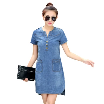 

2019 New Arrival Summer Women Dresses Short Sleeves A Word Denim Dresses Large Size v-Neck Causal Fashion Denim Dresses JIA252