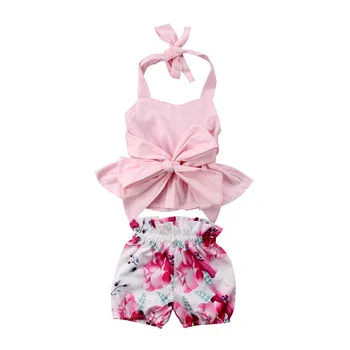 

Newborn Baby Kids Children Girls Clothes Set Summer Sleeveless Backless Bowknot Tops Floral Shorts Girl Clothing Cotton 2PCs