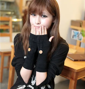 

Solid Color Button Winter Women's Gloves Grid Wrist Arm Warmer Short Fingerless Knit Mitten