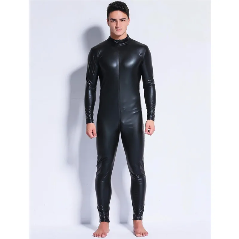 Men Sexy Wetlook Faux Leather Latex Catsuit Bodysuit Hot Erotic Lingerie zentai gay fetish Wear pvc costume Open Crotch Clubwear,men bodysuit jumpsuit