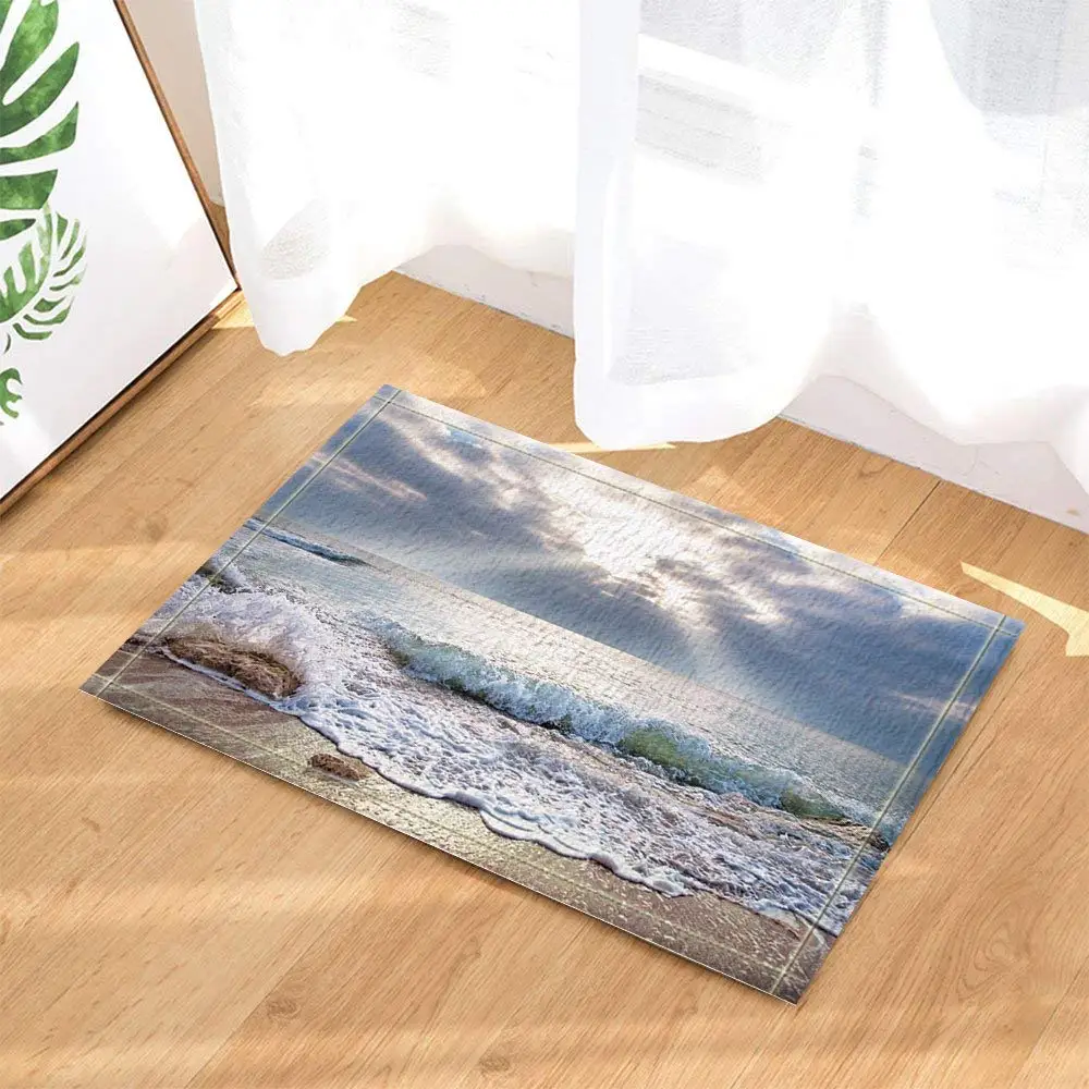 Nature Scenery Decor Ocean Beach Waves Against Sun Light Bath Rugs Nature Scenery Decor Ocean Beach Waves