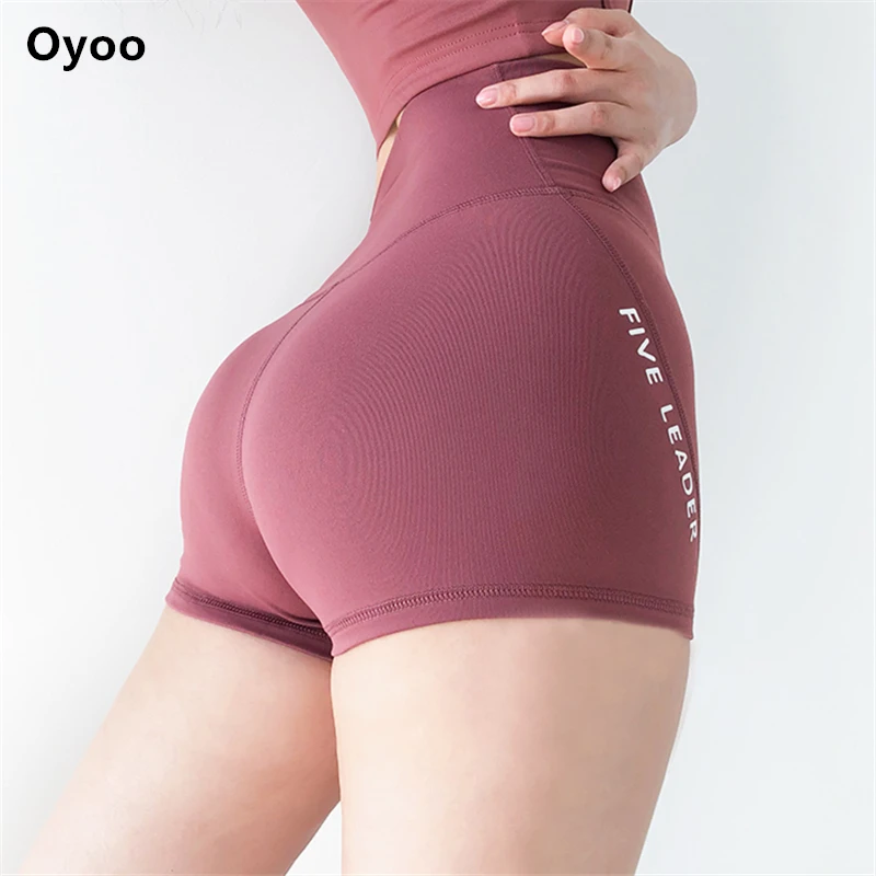 

Oyoo High waist letter print yoga shorts compression tummy control gym shorts women navy training femme athletic workout shorts