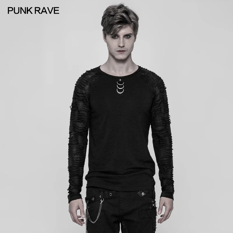

2018 Punk Rave Rock Fashion Casual Cotton Slim-Fitting Black Gothic Men's Long Sleeve T-shirt WT524
