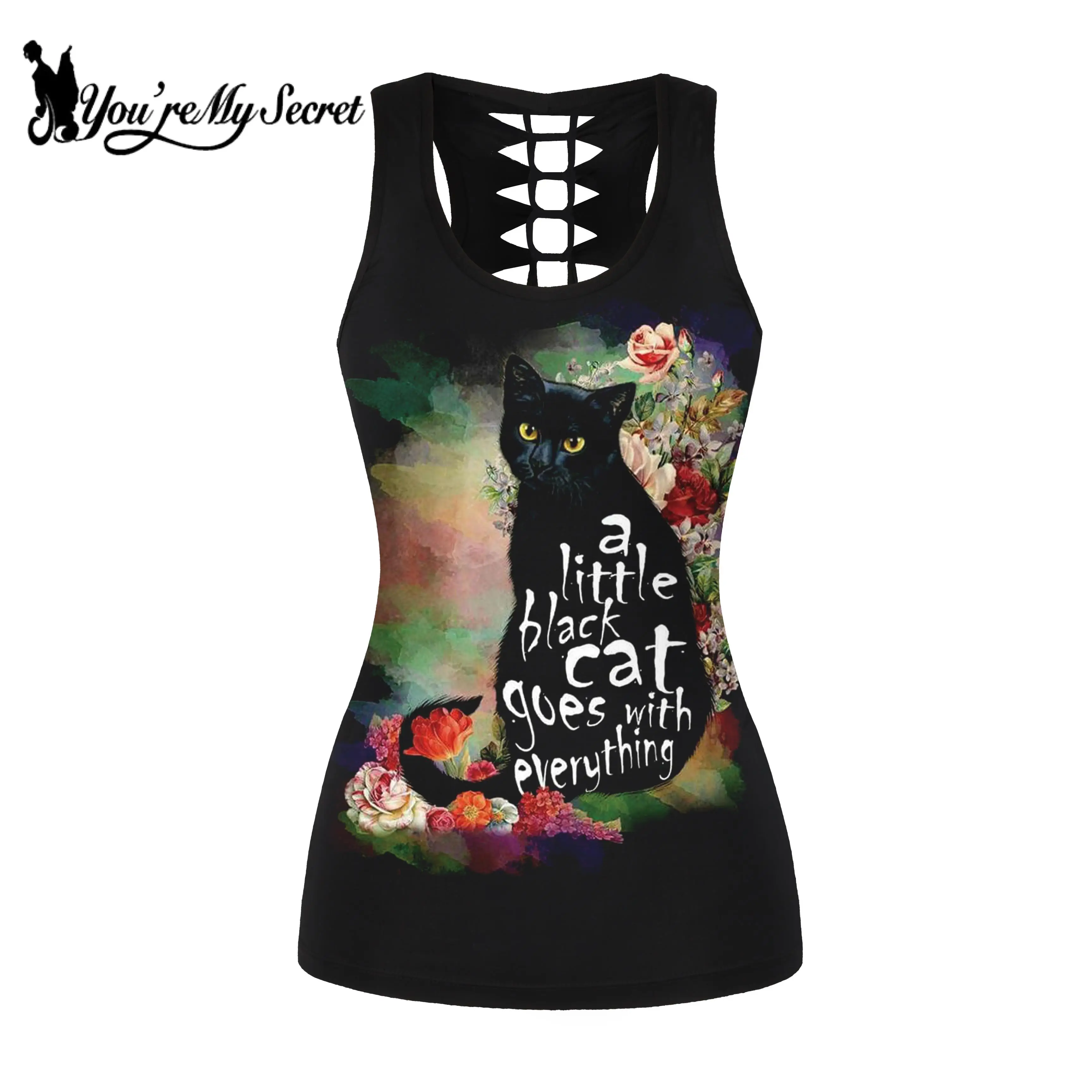 

[You're My Secret] Women Hollow Top Floral Cat Print Punk Summr Vest Black Hollow Out Romantic Tank Top Fitness Clothing