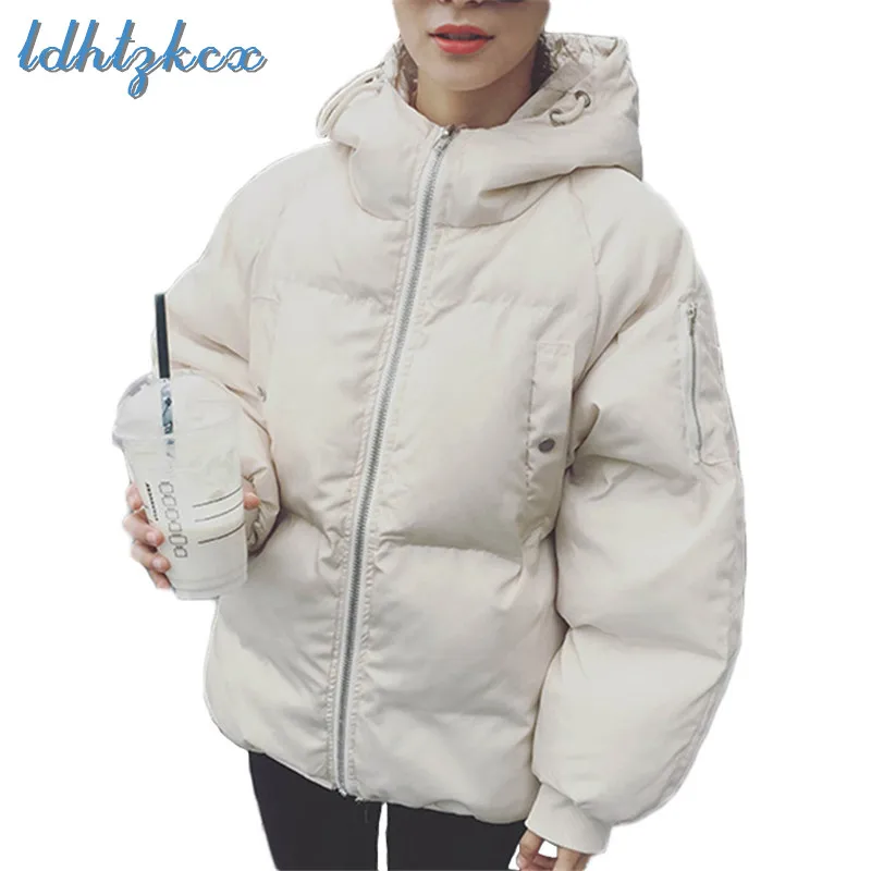 

Winter Coat Black Plus Size Long Sleeve Hooded Parkas Korean Office Lady Loose Thick Warmth Zipper Pockets Jackets Feminina LD73