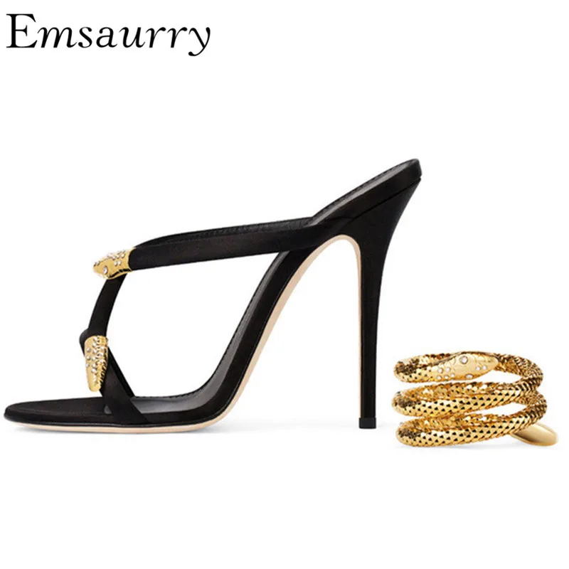 

Gold Snake Ankle Strappy Gladiator Sandals Women Thin High Heel Open Toes Metal Decor Women Shoes Sexy Summer Party Shoes
