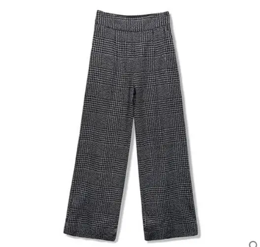 Women Winter Wide Leg Wool Pants All-Match High Waist Plus Size Plaid Trousers Zip-Up Long Pants