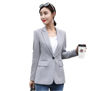 

Plaid Office Lady Women Blazer Pocket Coat Business OL Wearing Work Uniform Large Size Casual Mature Autumn New 2018 Simple