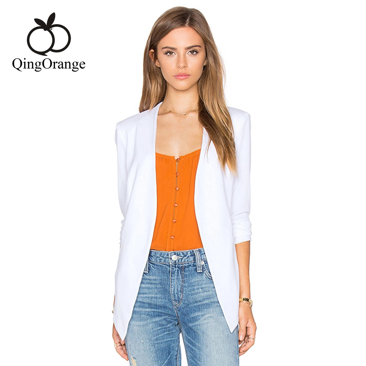 Women Office None Collar Long Sleeve Slim Waist Cardigan White Blazers